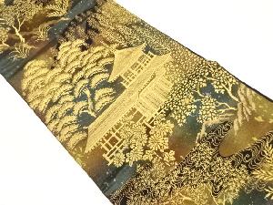 引箔寺院に木々・花風景模様織出し袋帯